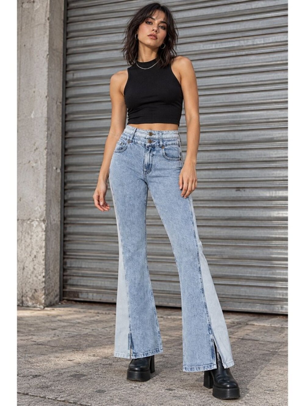 Unbothered Social Tourist Two-Tone Ultra High Rise Flare Jeans 28R